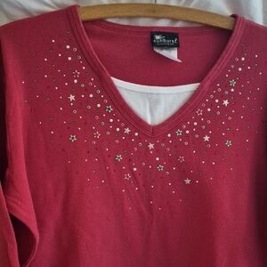 Women's Pink Embellished  beaded long sleeve top in red holiday shade